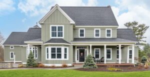 James Hardie siding styles on modern home exterior with mixed lap and board and batten design